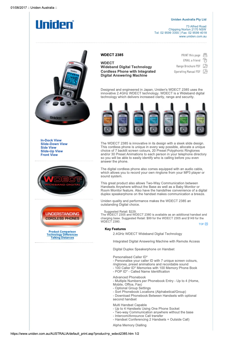 Page n°1 - Manuel utilisateur Uniden WDECT 2385