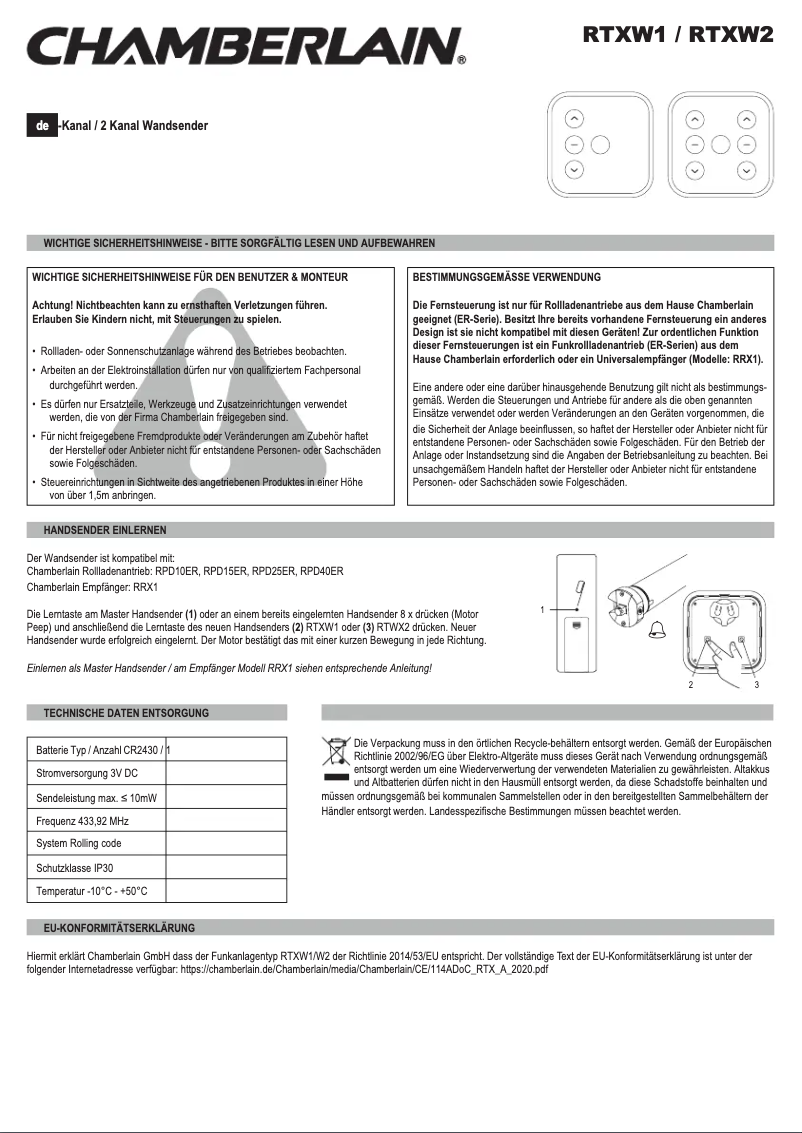 Página 1 del manual Manual de usuario Chamberlain RTXW1