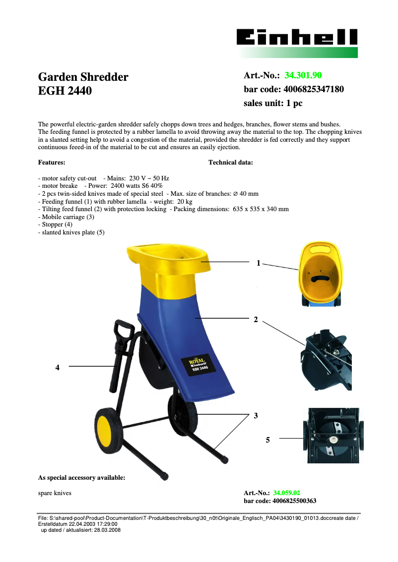 Page 1 de la notice Fiche technique Einhell Royal EGH 2440