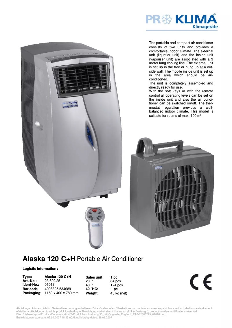 Page 1 de la notice Manuel utilisateur Proklima Alaska 120 C+H