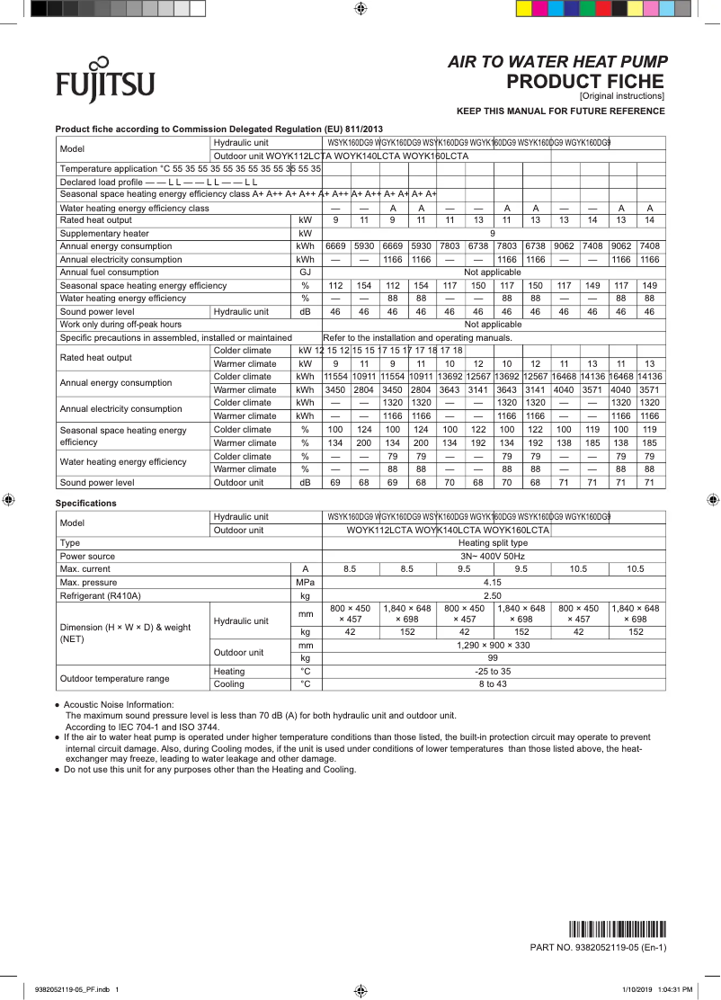 Page 1 de la notice Fiche technique Fujitsu Waterstage WSYK160DG9