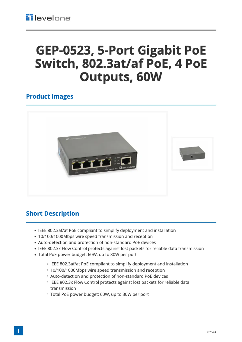 Page 1 de la notice Fiche technique LevelOne GEP-0523