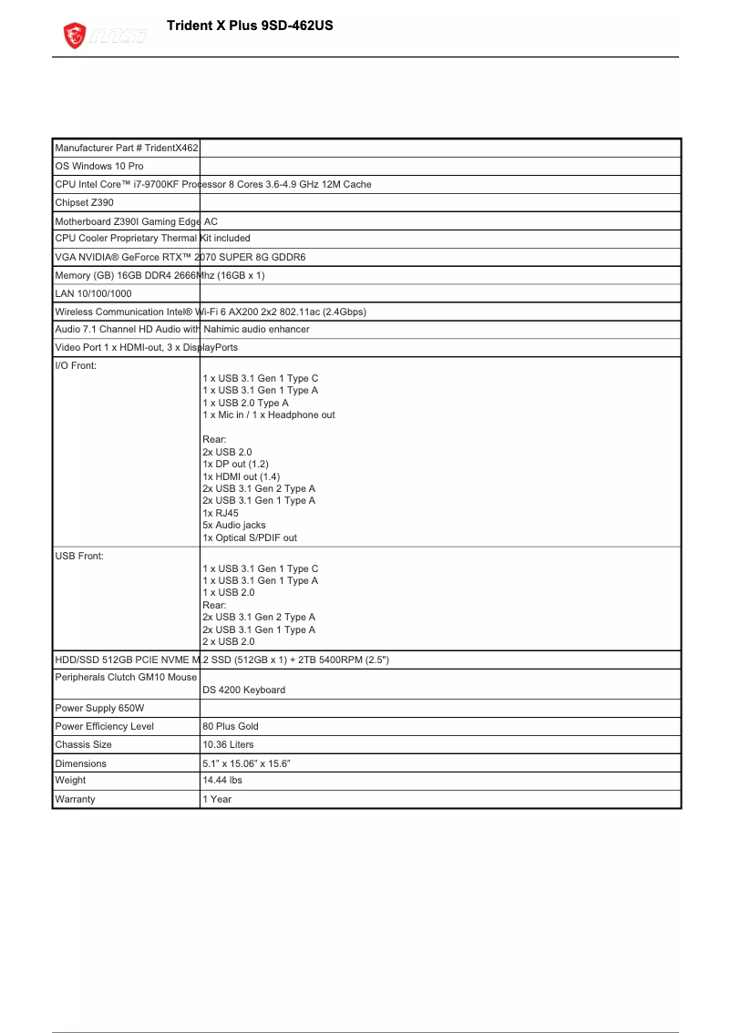 Page n°1 - Fiche technique MSI Trident X Plus