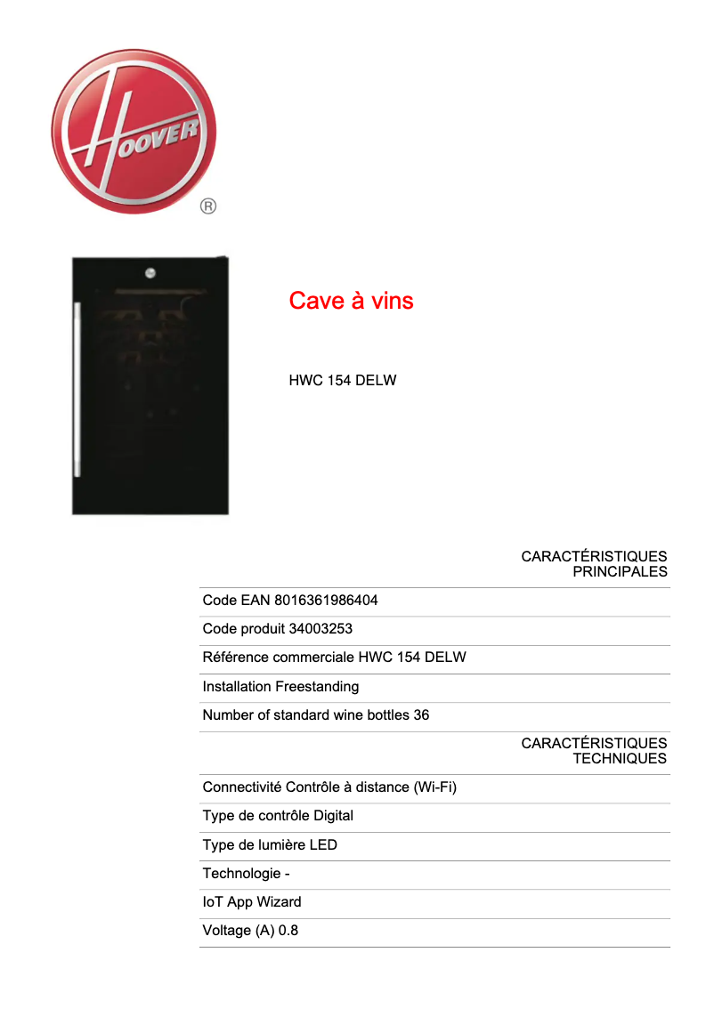 Image de la première page du manuel de l'appareil H-WINE 700 HWC 154 DELW