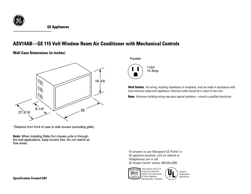 Page n°1 - Fiche technique GE ASV14AB