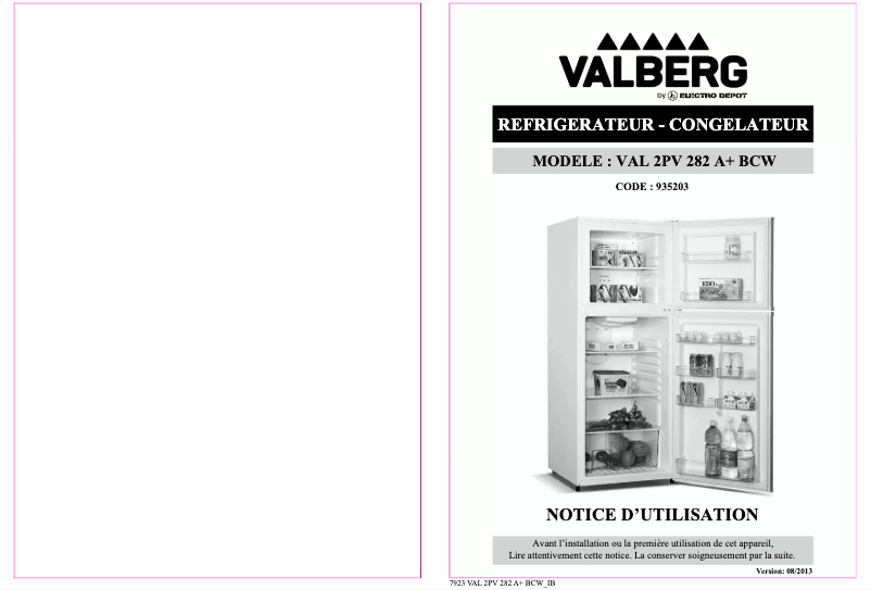 Page 1 de la notice Manuel utilisateur Valberg VAL 2PV 282 A+ BCW