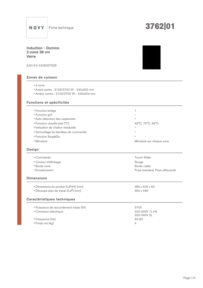 Page 1 de la notice Fiche technique Novy Domino 3762