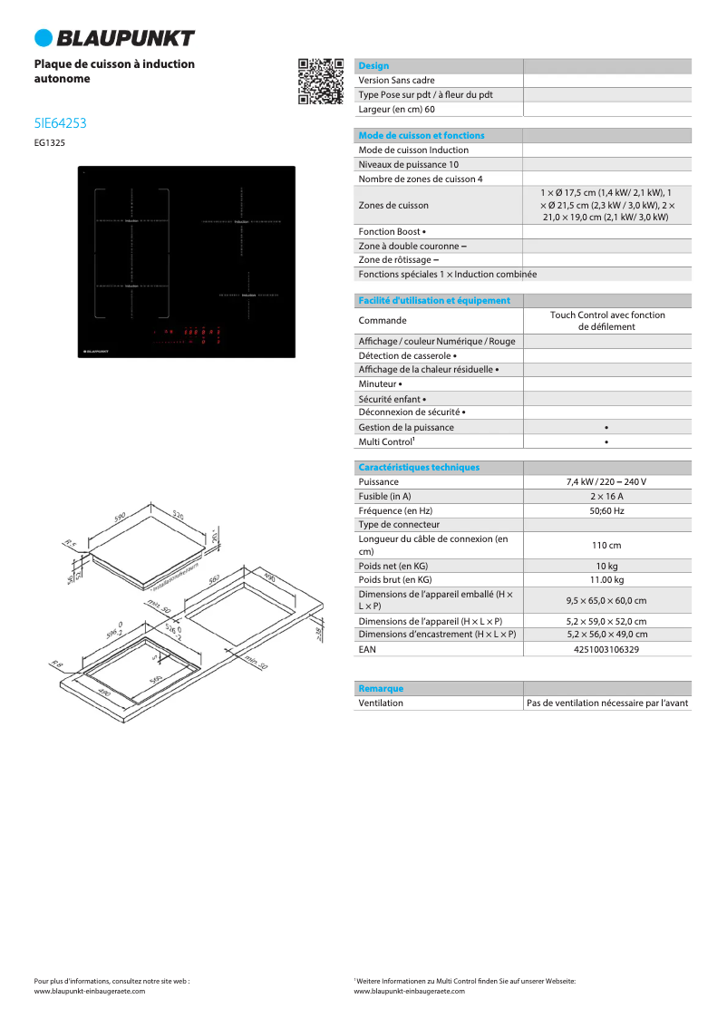 Página 1 del manual Ficha técnica Blaupunkt 5IE64253