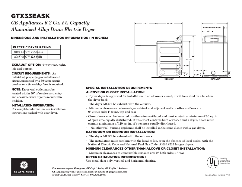 Page 1 de la notice Fiche technique GE GTX33EASKWW