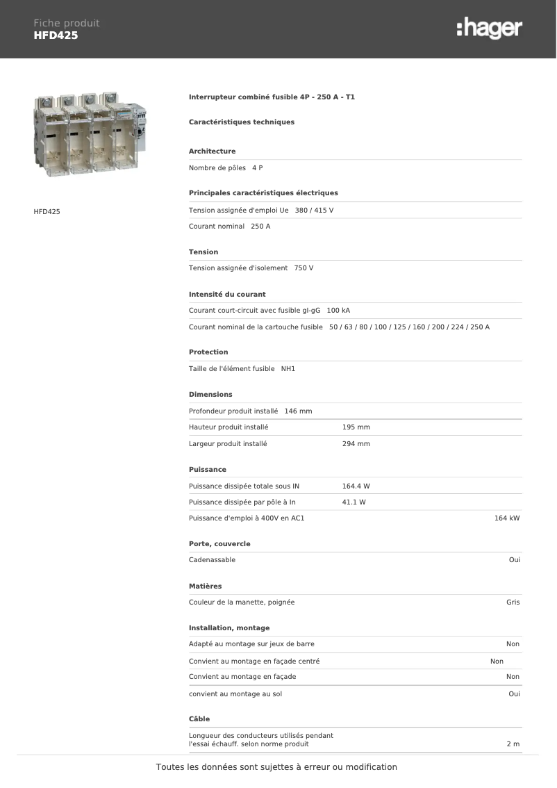 Page n°1 - Fiche technique Hager HFD425