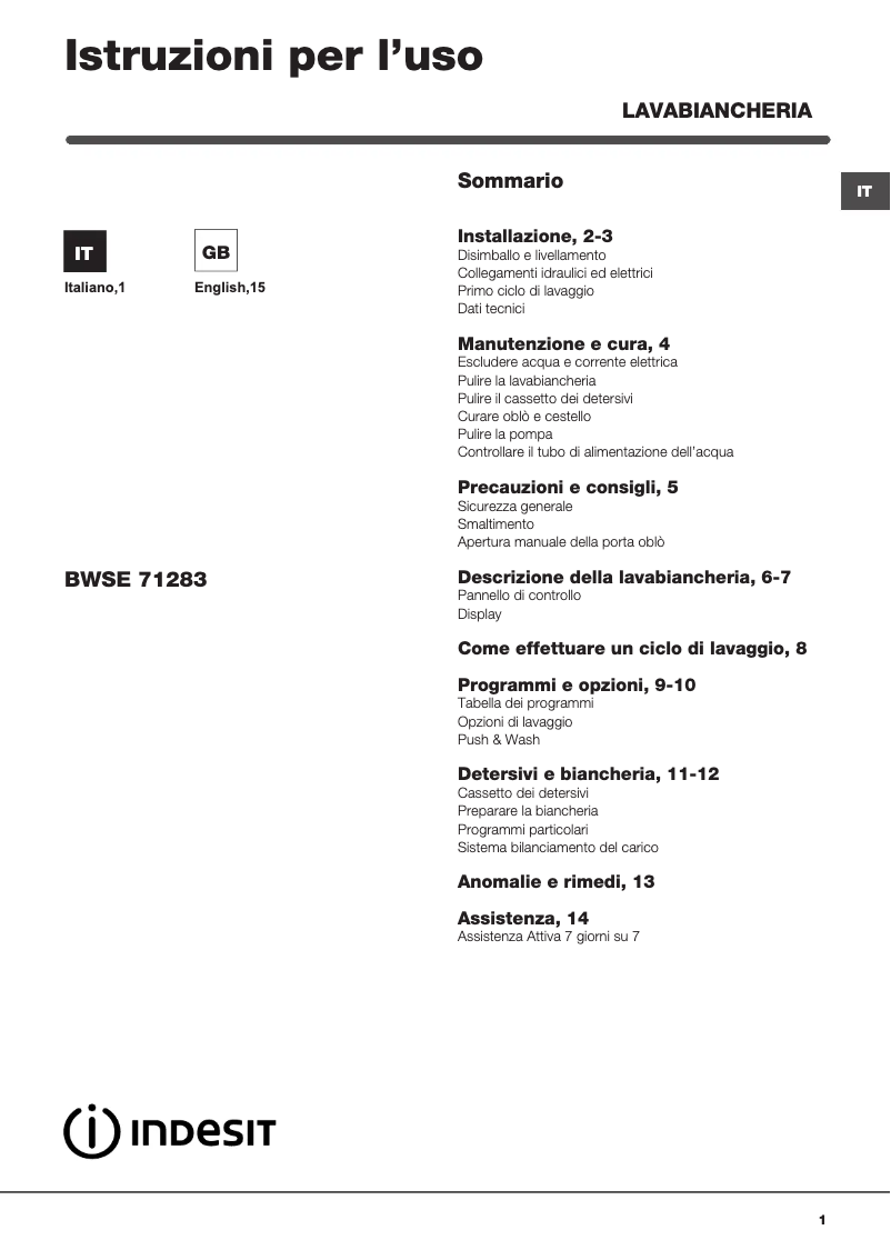 Page n°1 - Manuel utilisateur Indesit BWSE 71283X WWGG IT