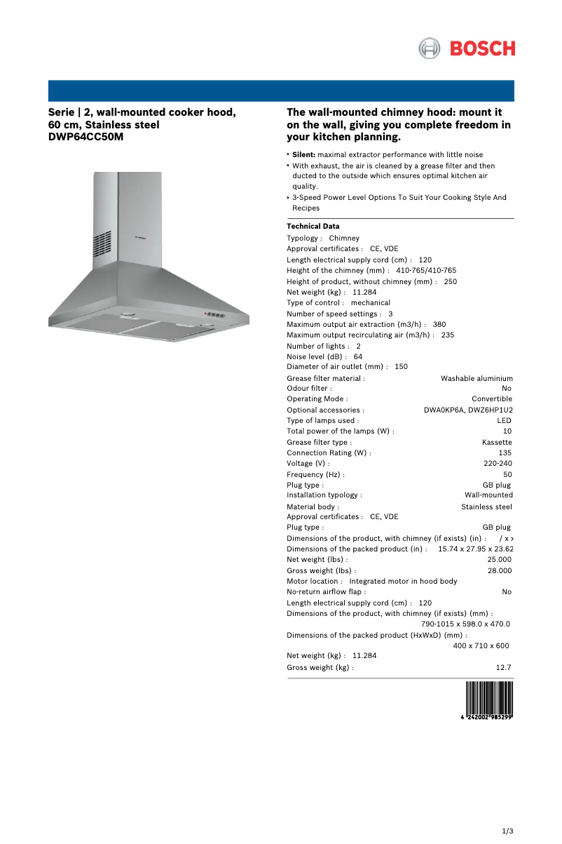 Page 1 de la notice Fiche technique Bosch DWP64CC50M