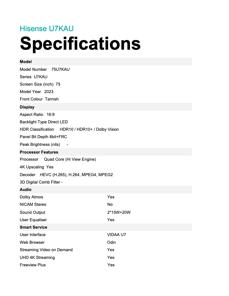 Page 1 de la notice Fiche technique Hisense 75U7KAU