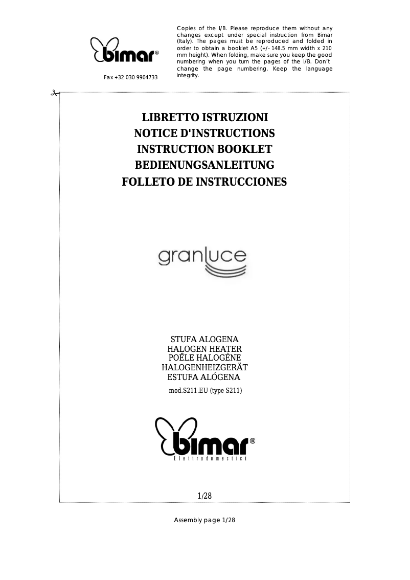 Page 1 de la notice Manuel utilisateur Bimar S211.EU