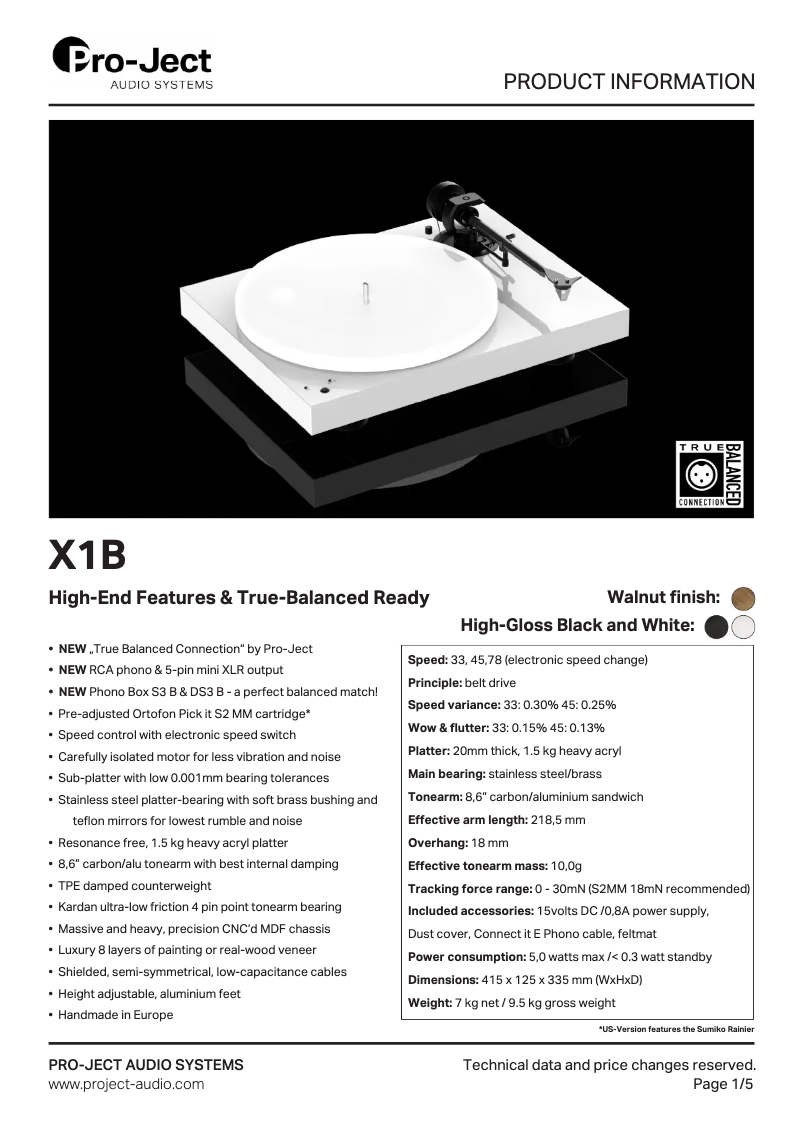 Page n°1 - Fiche technique Pro-Ject X1 B