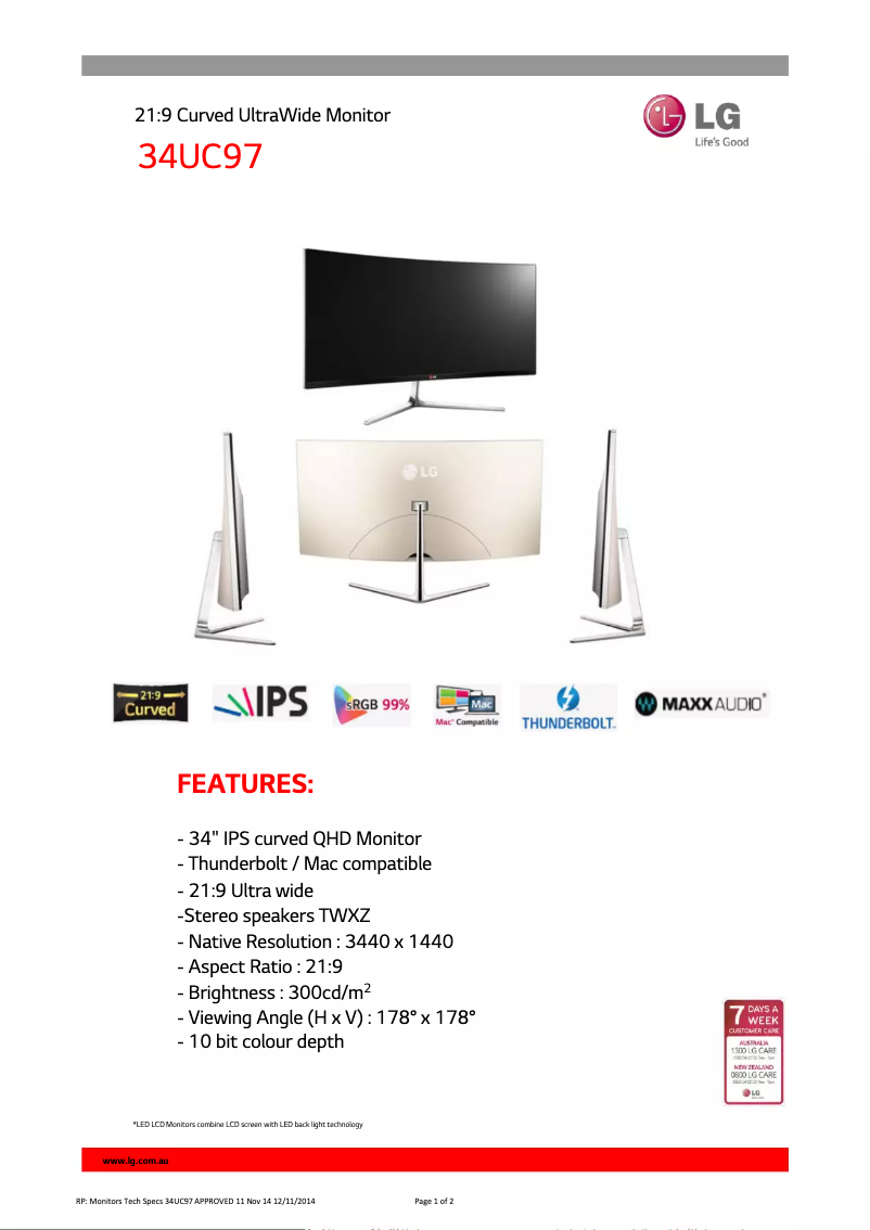 Página 1 del manual Ficha técnica LG 34UC97-S