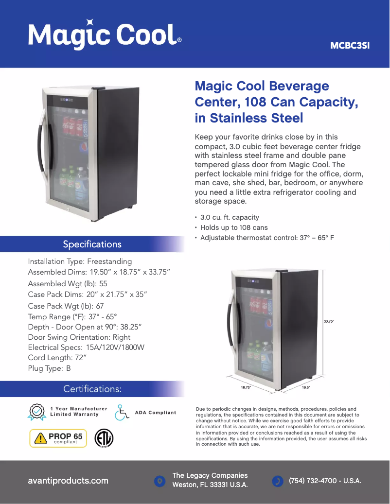 Page 1 de la notice Fiche technique Magic Cool MCBC3SI