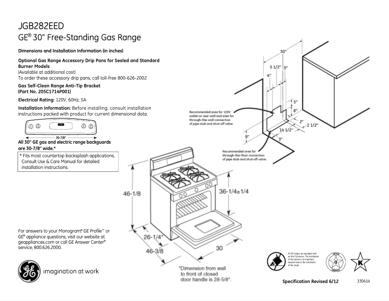 Page 1 de la notice Fiche technique GE JGB282EEDES