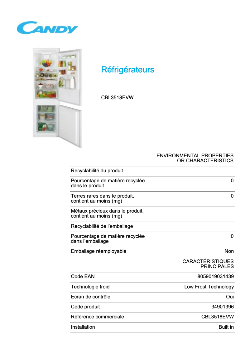 Page n°1 - Fiche technique Candy CBL3518EVW
