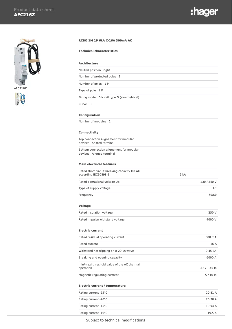 Page n°1 - Fiche technique Hager AFC216Z