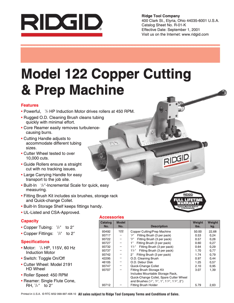 Page 1 de la notice Catalogue Ridgid 122XL