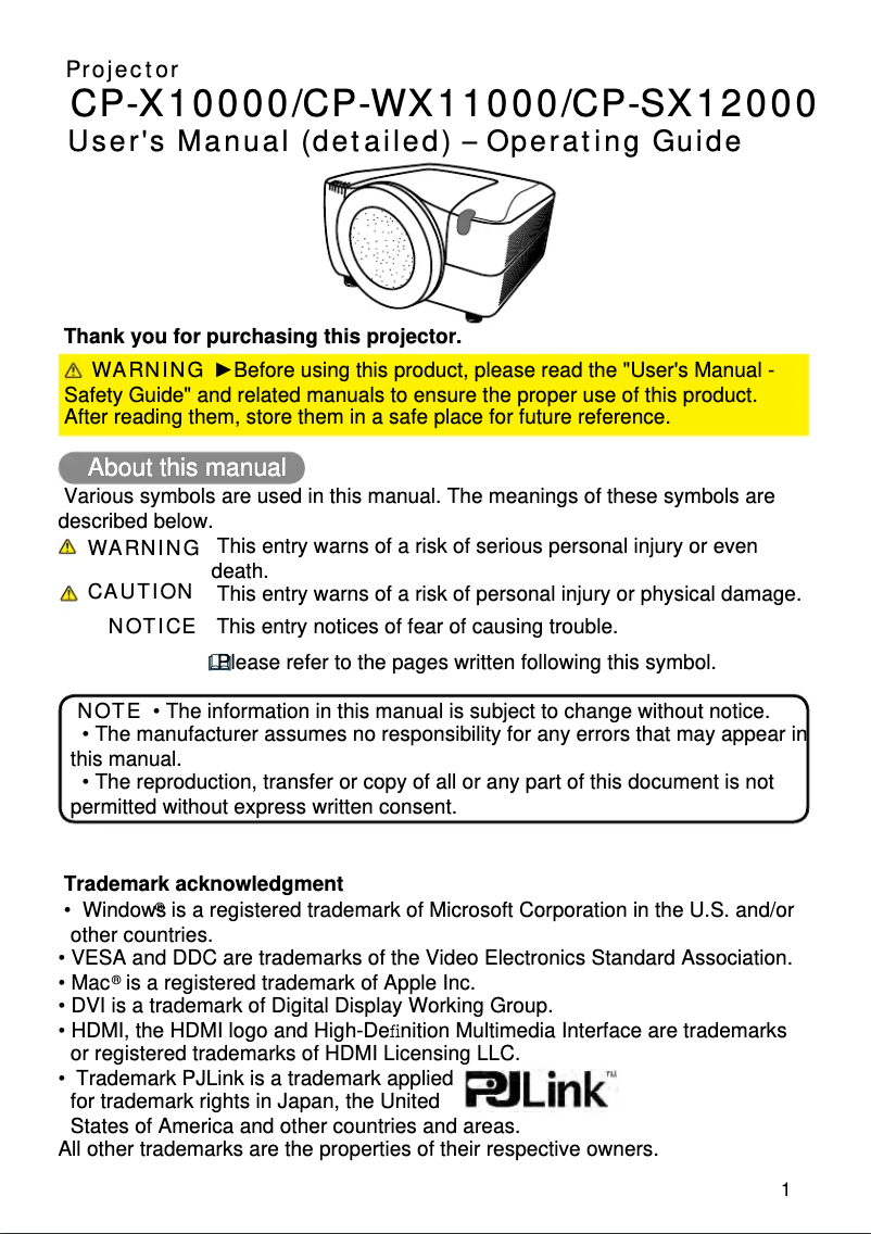 Page 1 de la notice Manuel utilisateur Hitachi CP-X10000
