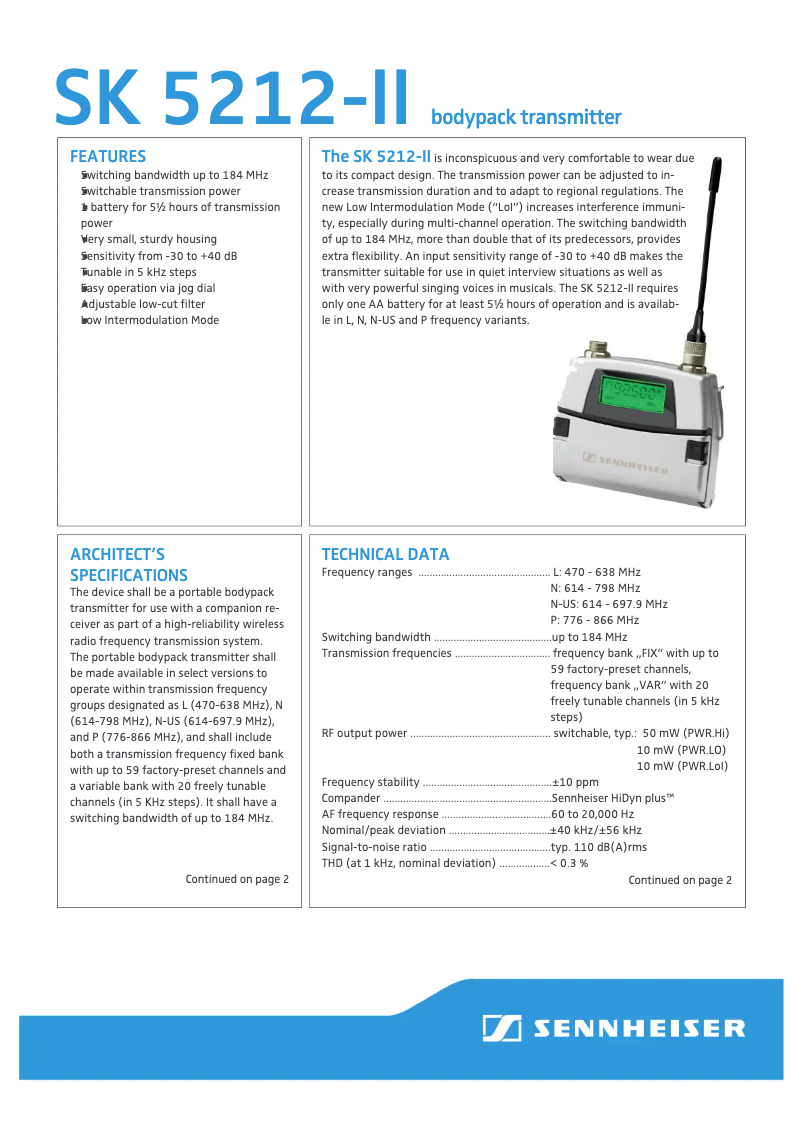 Page 1 de la notice Fiche technique Sennheiser SK 5212-II