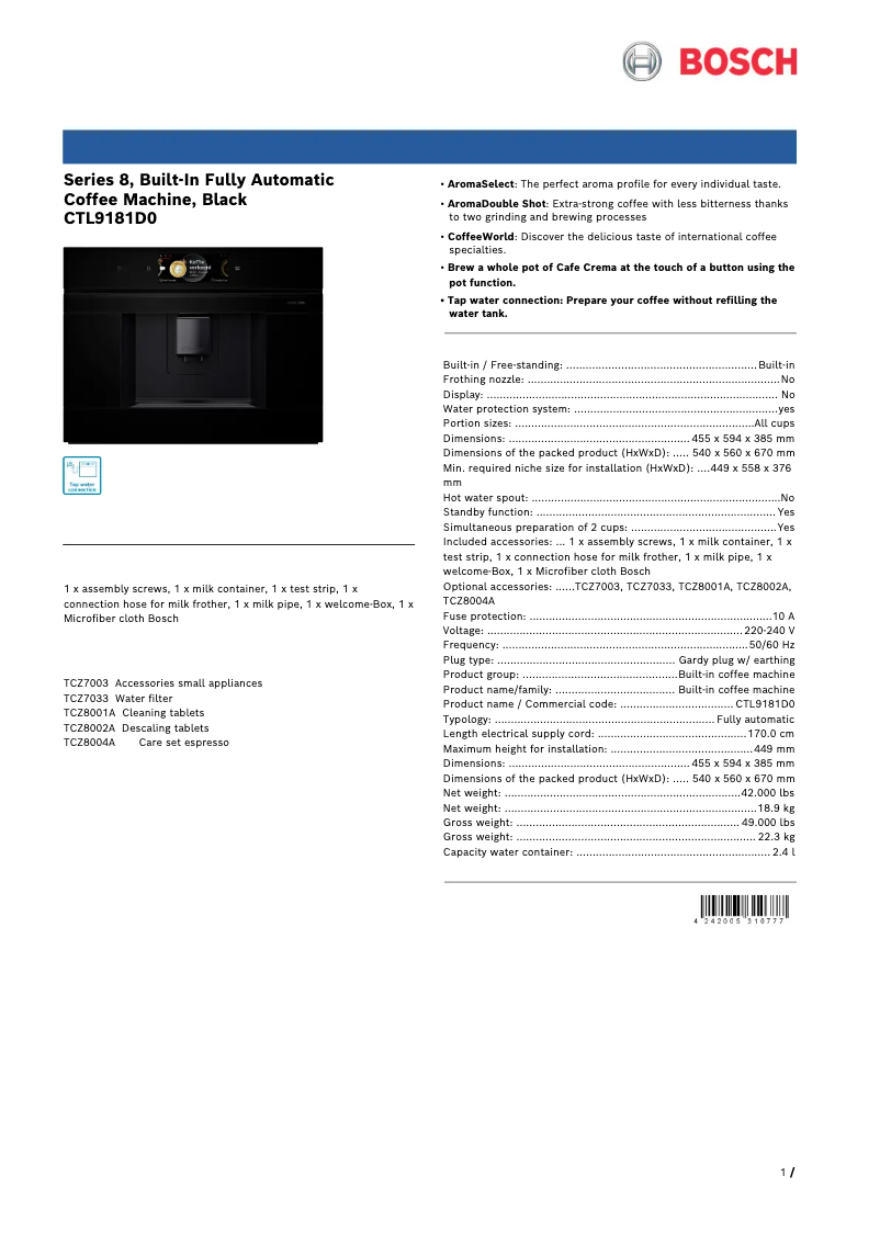 Page 1 de la notice Fiche technique Bosch CTL9181D0