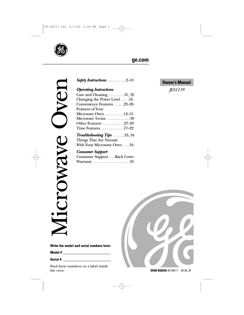 Page 1 of the manual User Manual GE JES1139BL