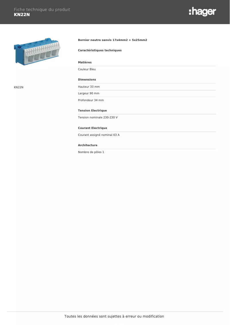 Page 1 de la notice Fiche technique Hager KN22N