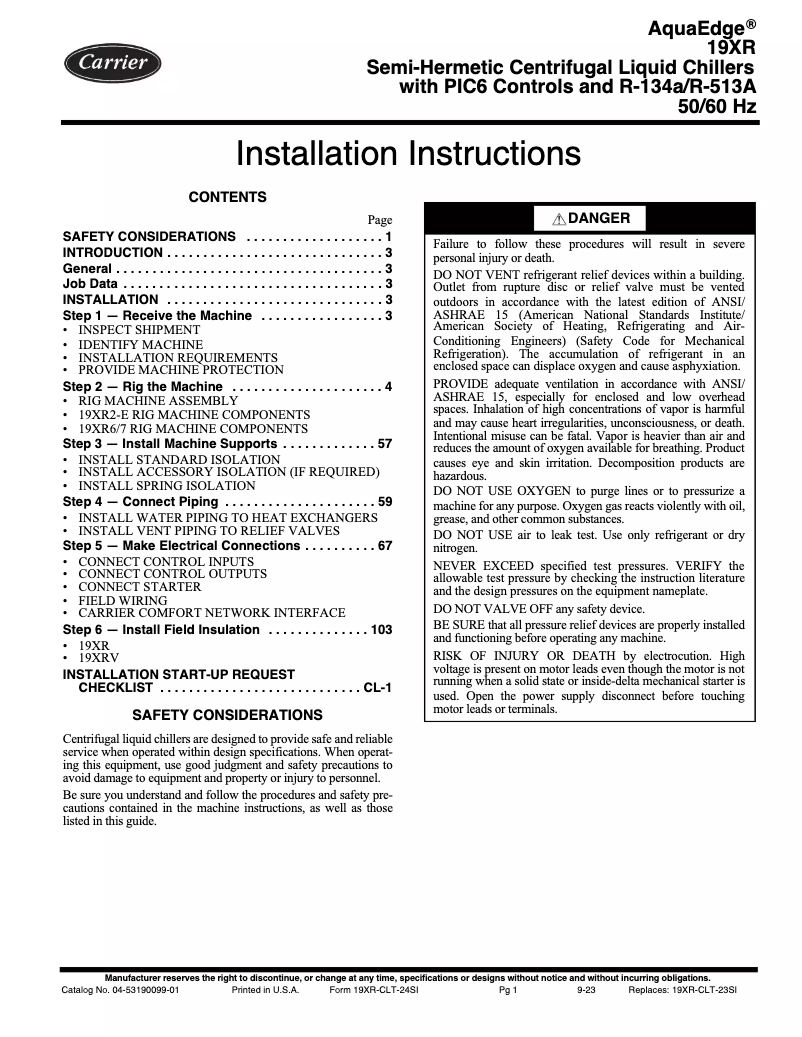 Page n°1 - Guide d'installation Carrier AquaEdge 23XRV