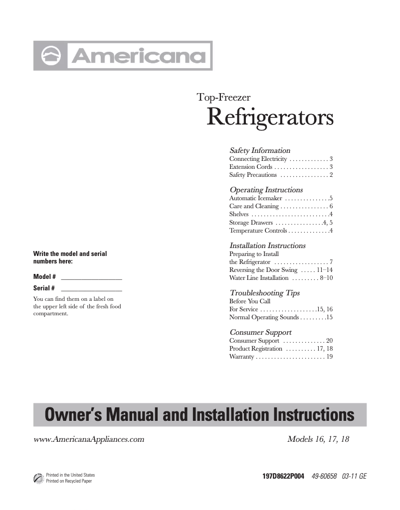 Page n°1 - Manuel d'utilisation et d'entretien Americana A3316ABSBB