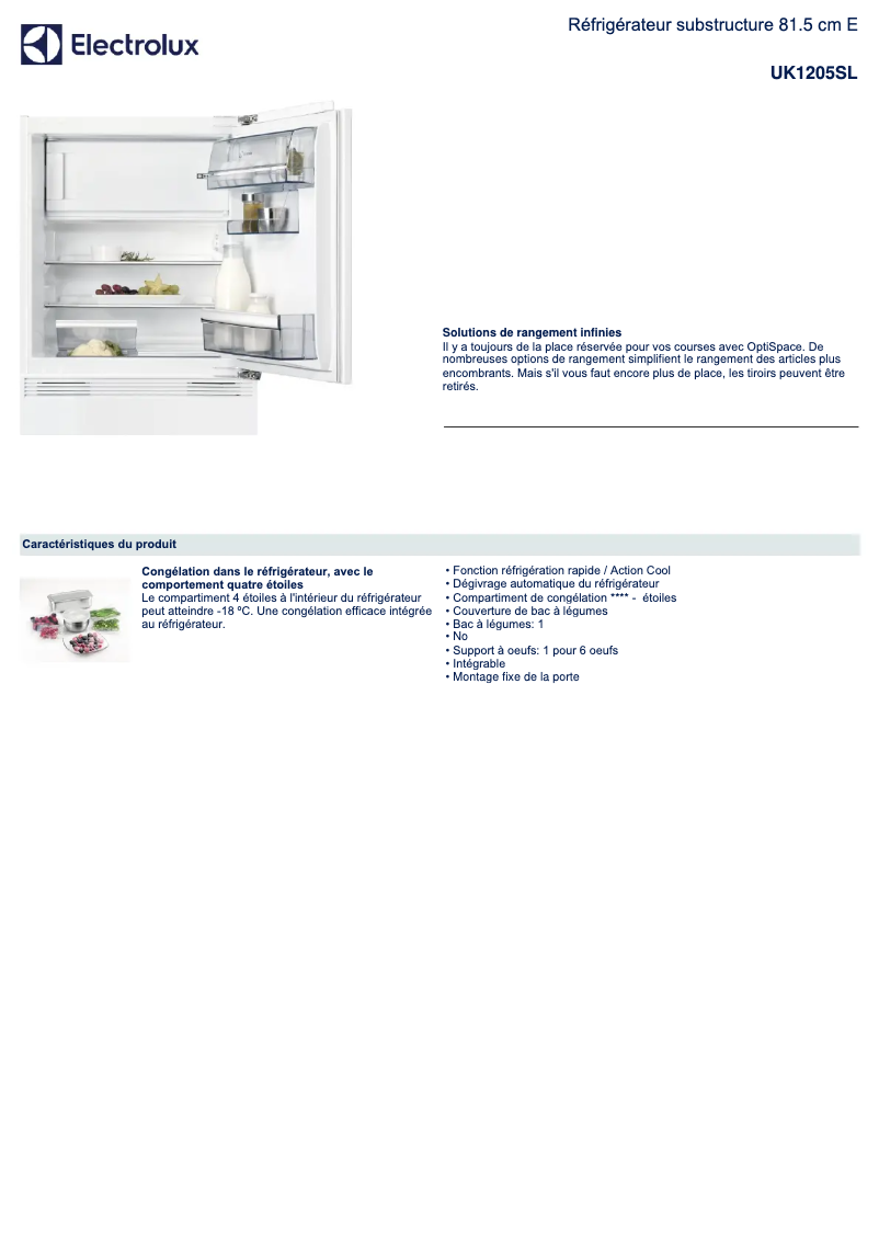 Page 1 de la notice Fiche technique Electrolux UK1205SL