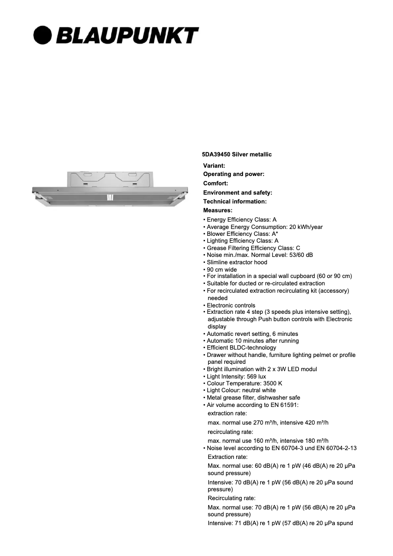 Página 1 del manual Ficha técnica Blaupunkt 5DA39450