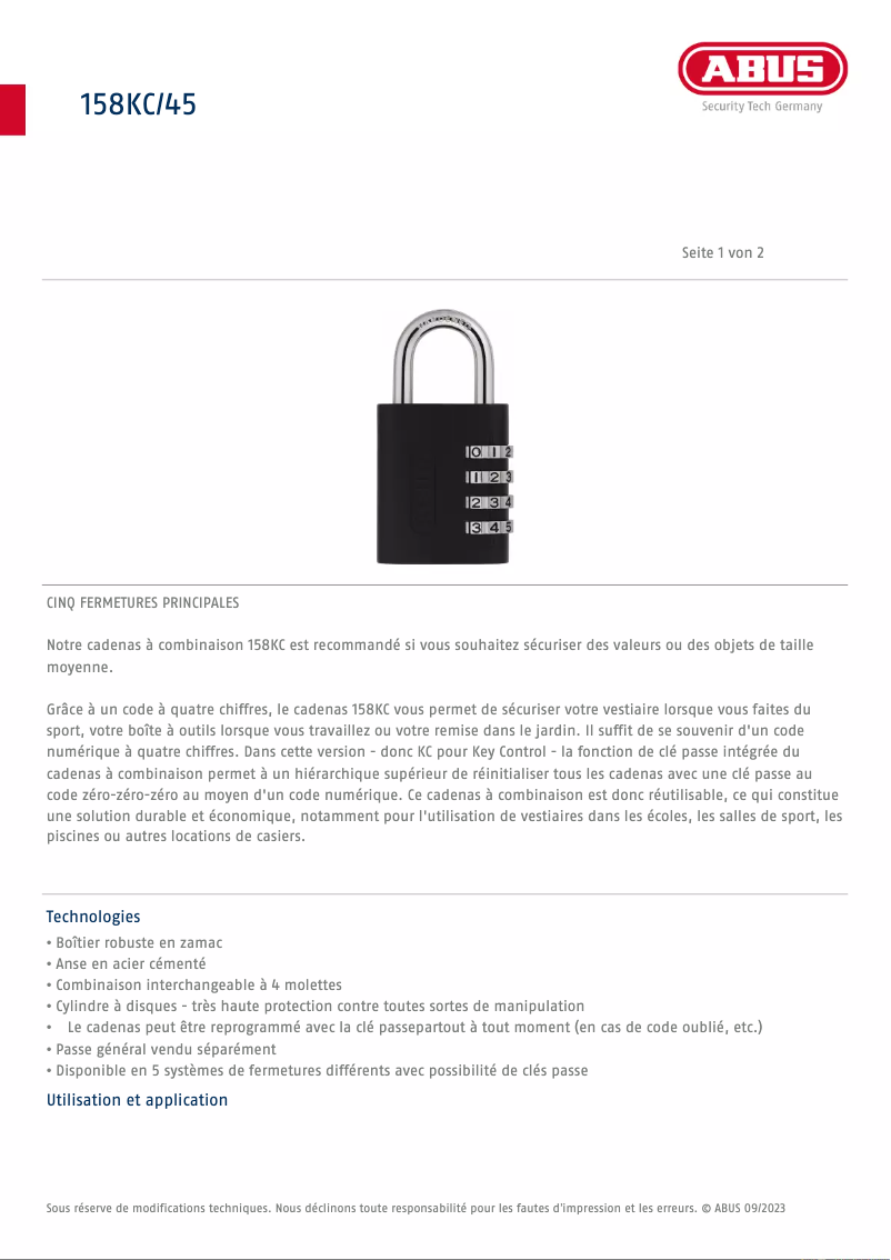 Page 1 de la notice Fiche technique Abus 158KC