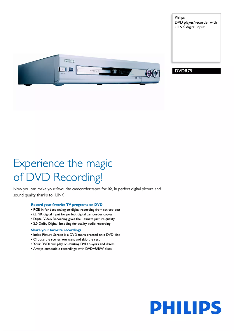 Page 1 de la notice Brochure Philips DVDR75