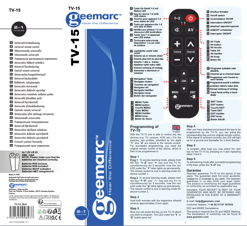 Page n°1 - Manuel utilisateur Geemarc TV-15