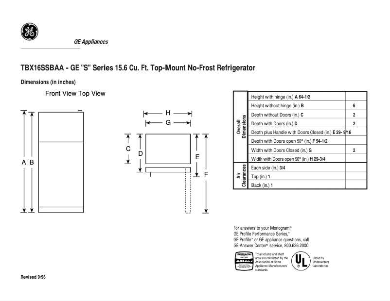 Page 1 de la notice Fiche technique GE TBX16SSBLAA