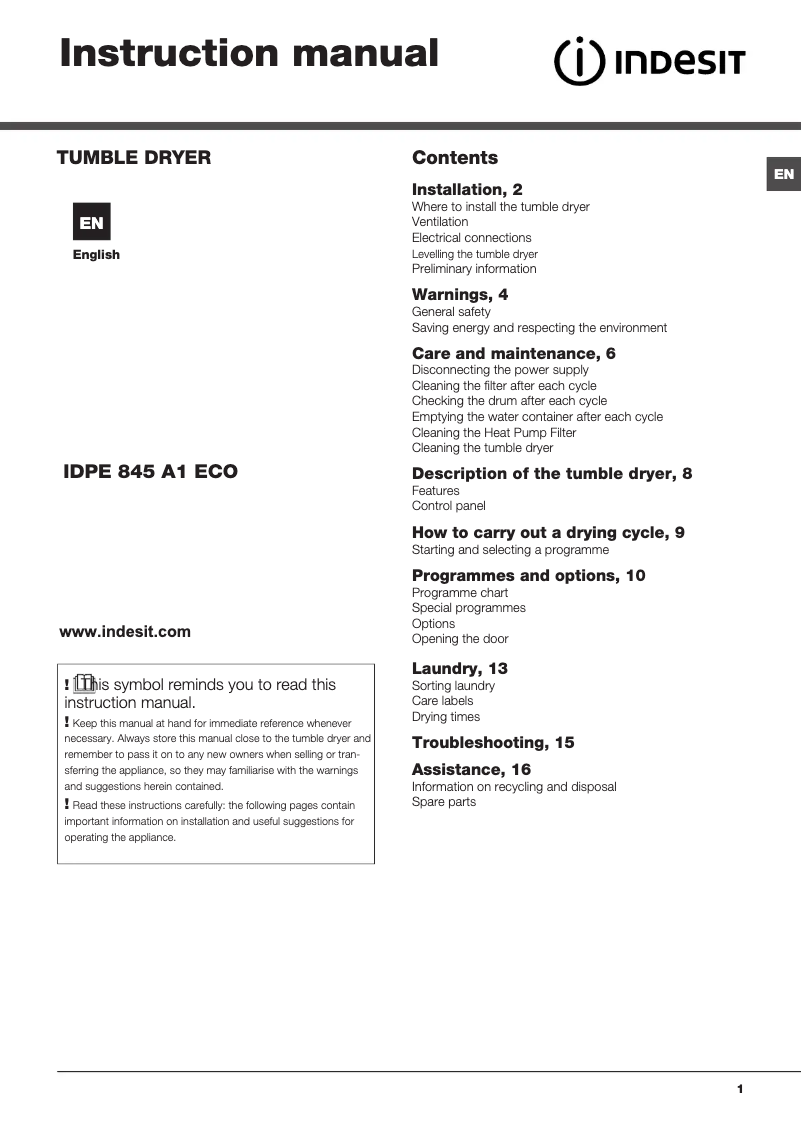 Página 1 del manual Manual de usuario Indesit IDPE 845 A1 ECO (UK)