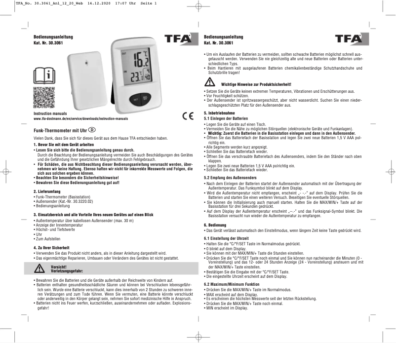 Page n°1 - Manuel utilisateur TFA Base 30.3061.02