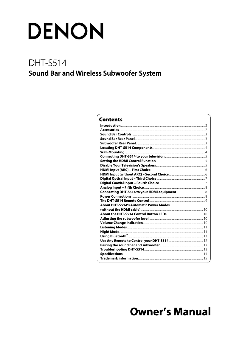 Page 1 de la notice Manuel utilisateur Denon DHT-S514