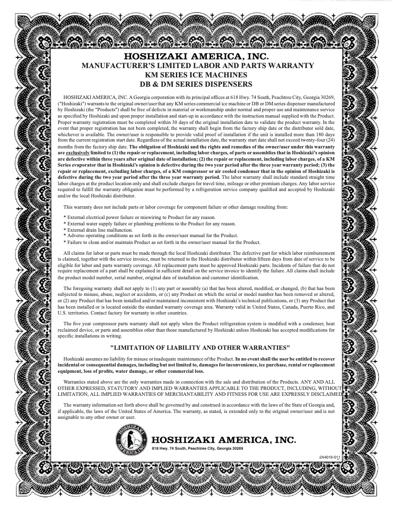 Page 1 de la notice Informations de garantie Hoshizaki KML-500MAJ