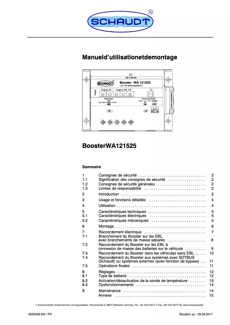 Page n°1 - Manuel utilisateur Schaudt Booster WA 121525