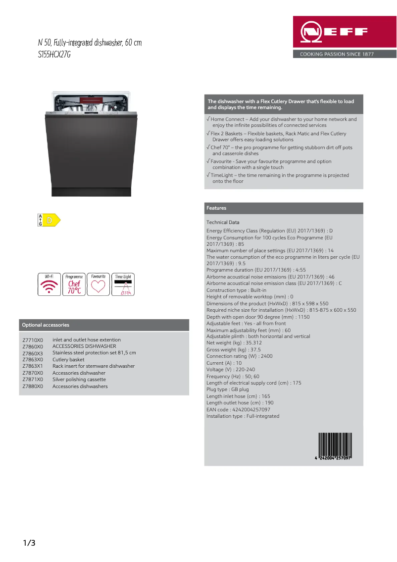 Page 1 of the manual Technical Sheet Neff S155HCX27G