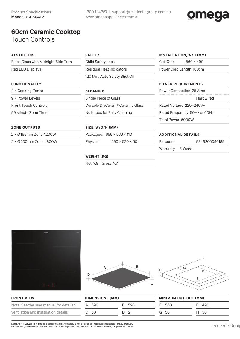 Page 1 de la notice Fiche technique Omega OCC604TZ