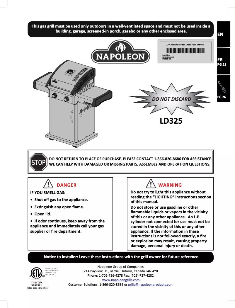 Page n°1 - Manuel utilisateur Napoleon Legend 325