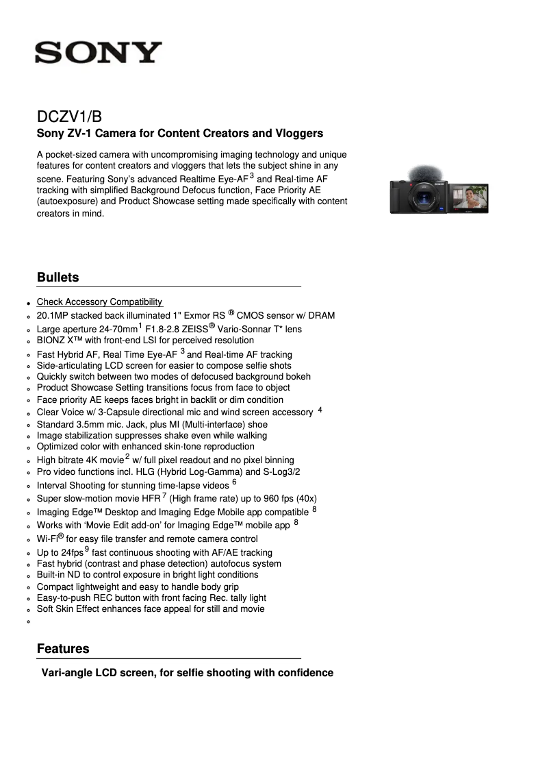 Page n°1 - Fiche technique Sony ZV-1
