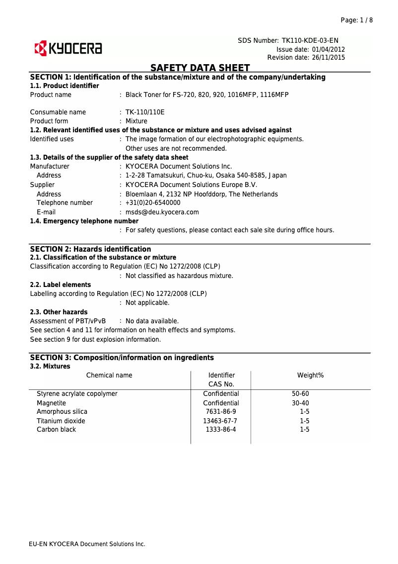 Page 1 de la notice Instructions de sécurité Kyocera FS-1016MFP