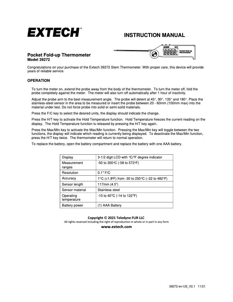 Page 1 de la notice Manuel utilisateur Extech 39272