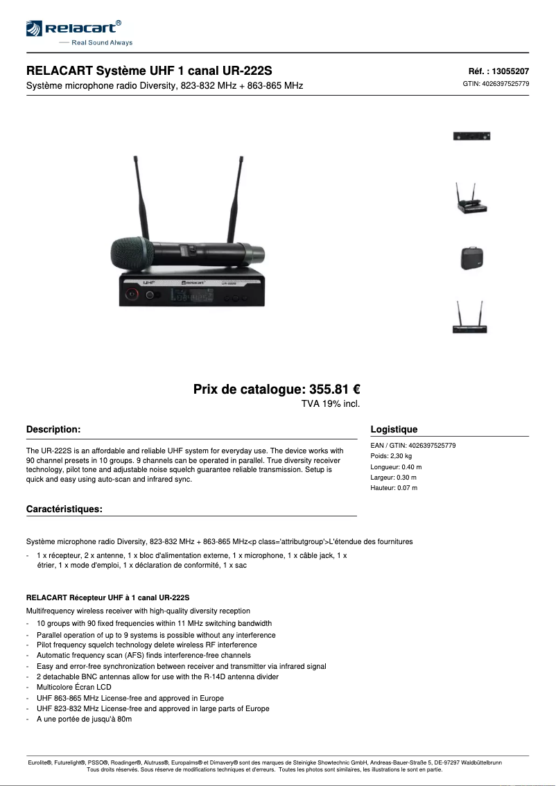 Page n°1 - Fiche technique Relacart UR-222S
